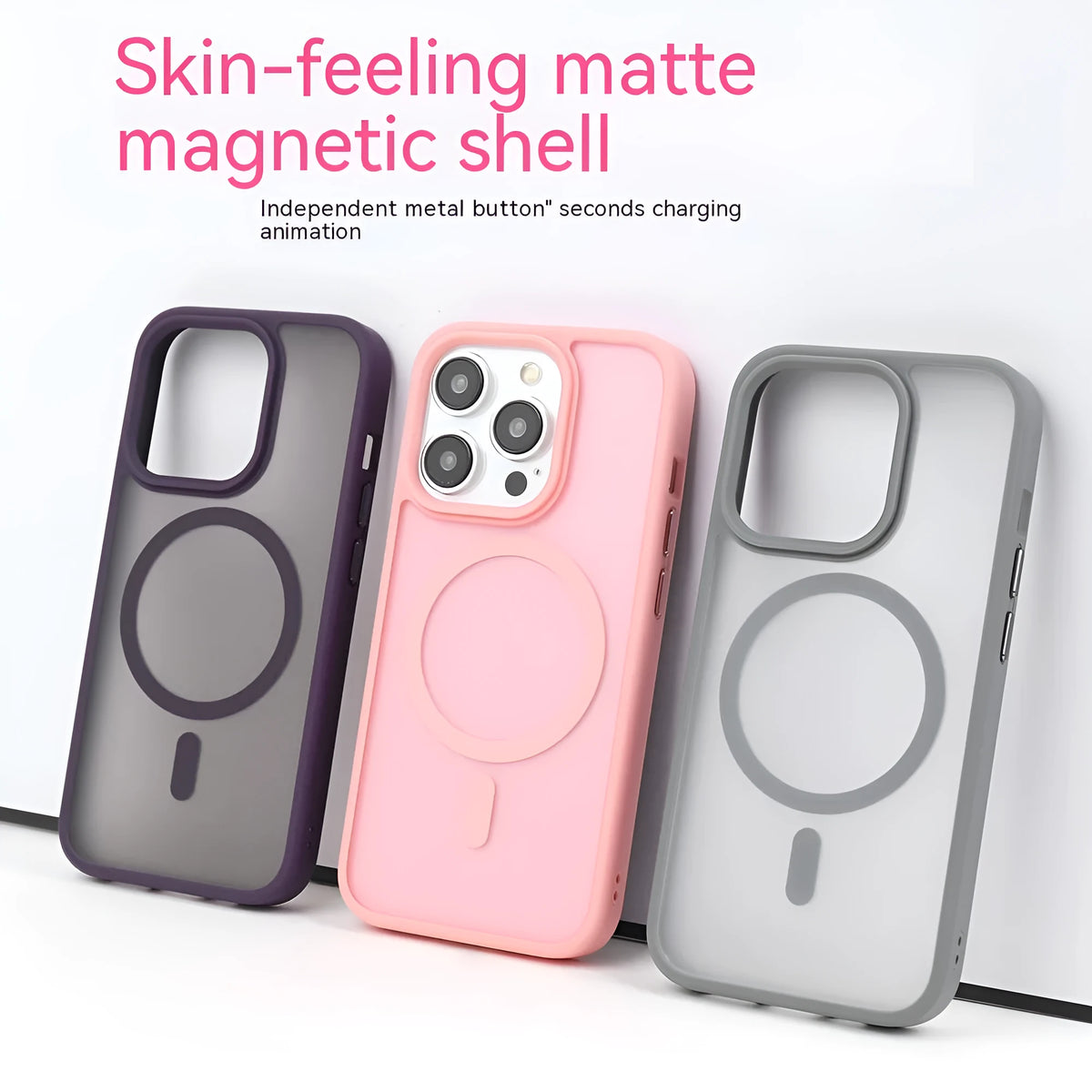 Magnetic skin-feel matte phone case with mute key cut-out for Apple iPhone, shown in cherry powder