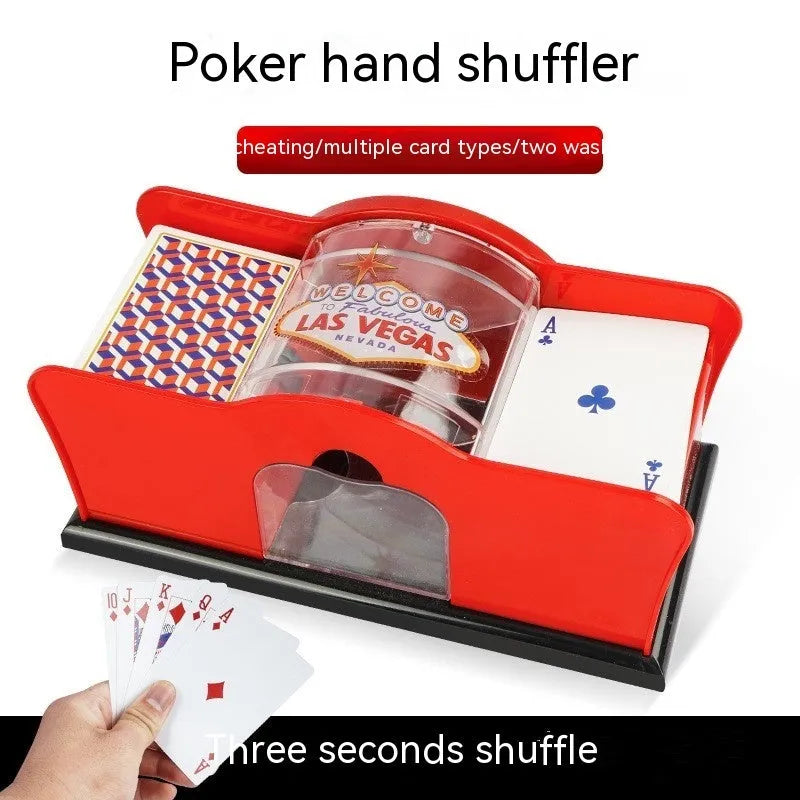 Manual card shuffler with black ABS plastic body and hand crank for poker and blackjack games