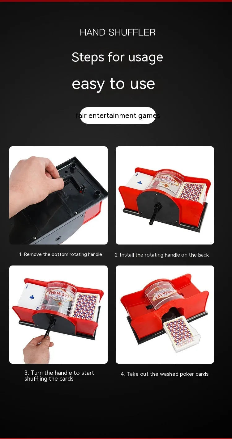 Manual card shuffler with black ABS plastic body and hand crank for poker and blackjack games