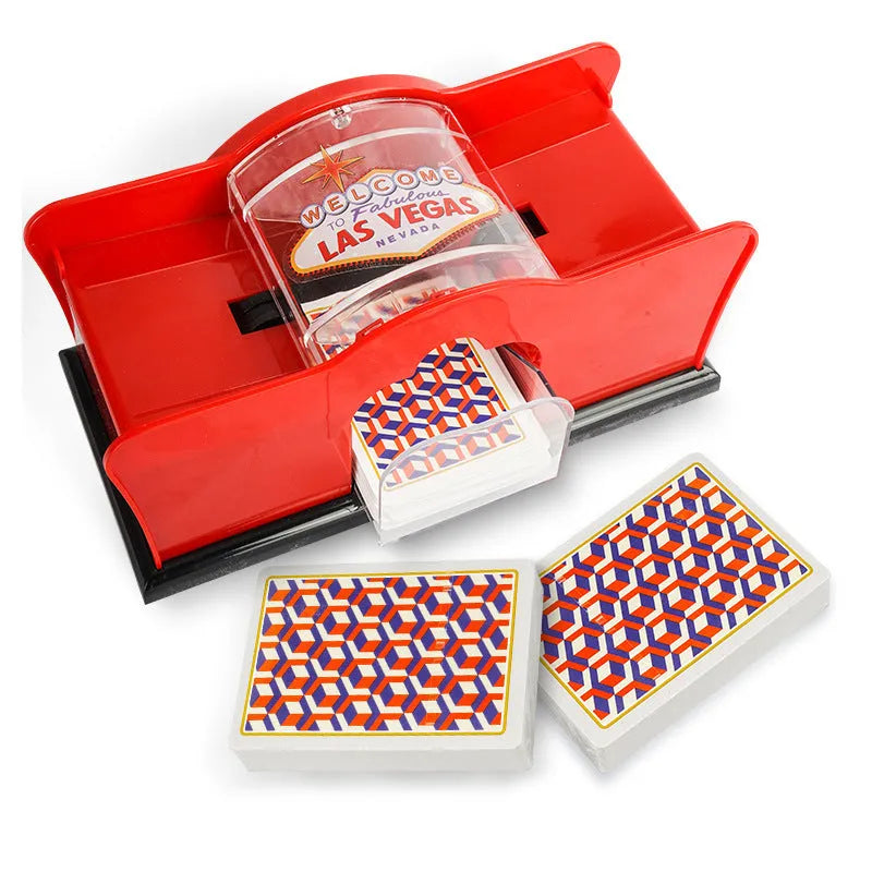 Manual card shuffler with black ABS plastic body and hand crank for poker and blackjack games