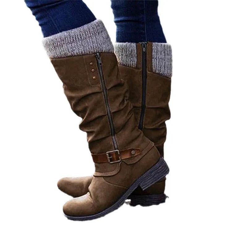 Knight boots for women, high tube, chunky heel, side zipper, rivet and belt buckle details, black artificial PU upper