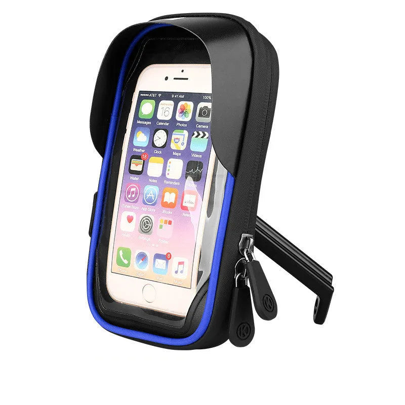Black waterproof TPU mobile phone stand mounted on bicycle handlebar showing touchscreen compatibility