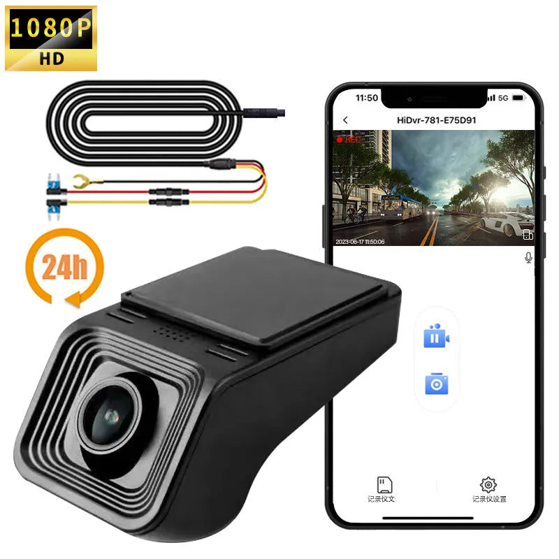 HD night vision car driving recorder dash camera on a windscreen.