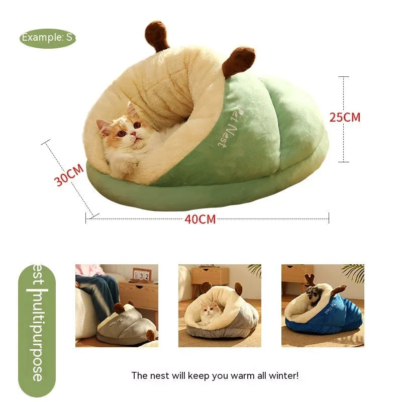 Warm slipper nest pet bed in crystal velvet with PP cotton, size S, avocado green colour, on a wooden floor