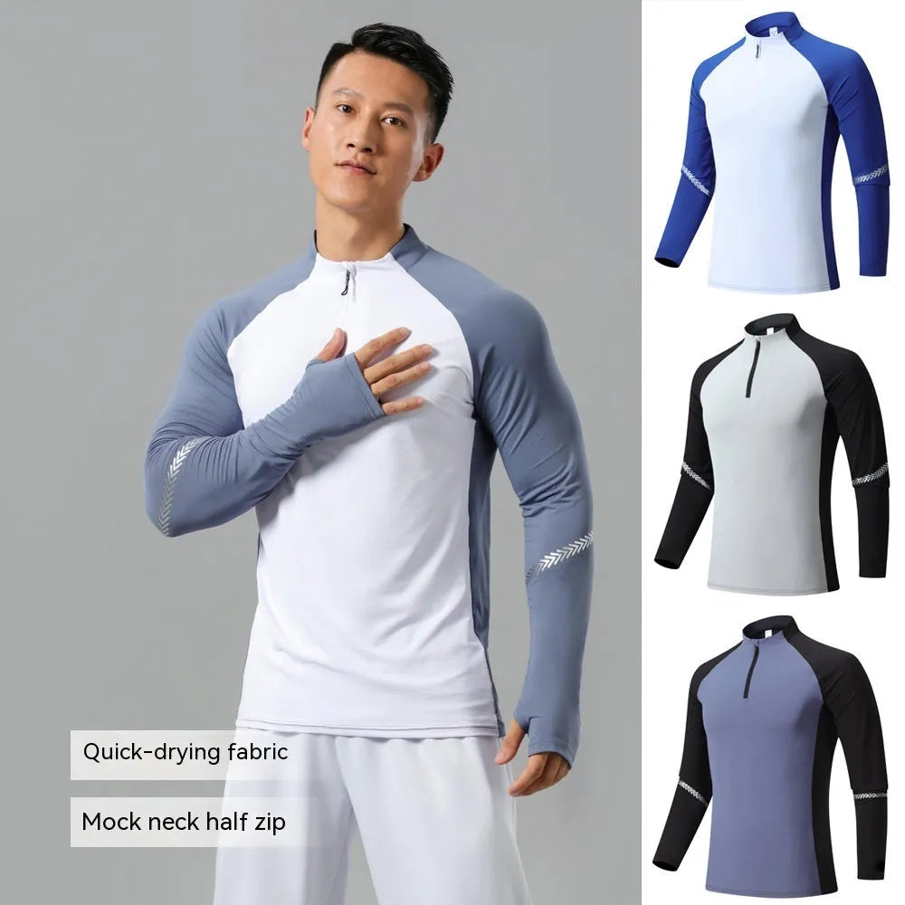 Men's stand collar half zip long sleeve training top in solid colour polyester, front view