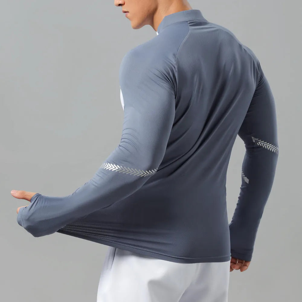 Men's stand collar half zip long sleeve training top in solid colour polyester, front view
