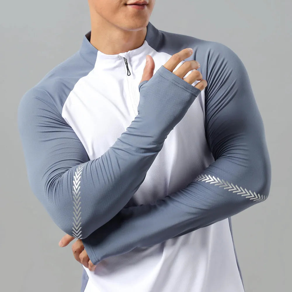 Men's stand collar half zip long sleeve training top in solid colour polyester, front view