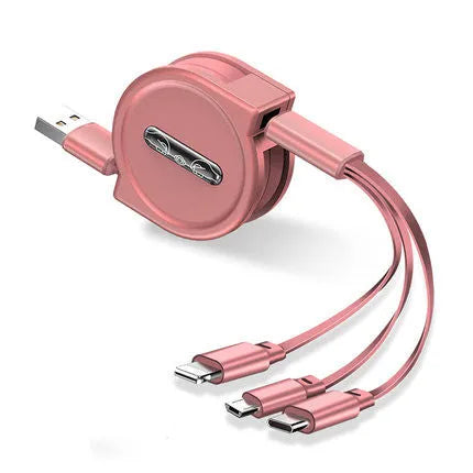 3-in-1 telescopic charging cable extended to show connectors with 120cm TPE cable and titanium alloy plugs.
