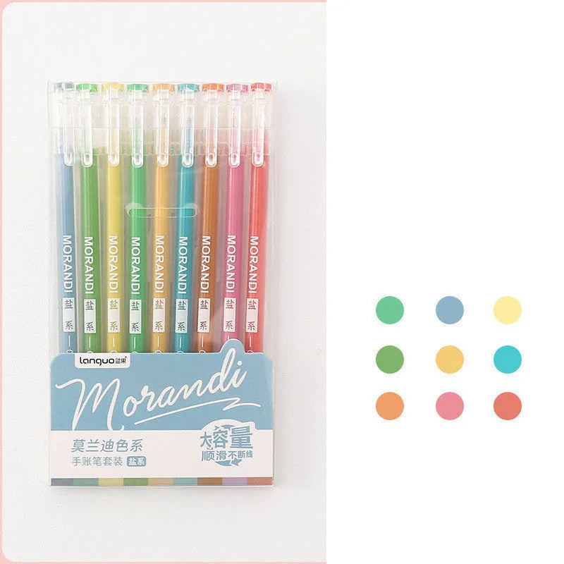 Set of nine retro-style gel pens with 0.5mm needle tips in plastic bodies arranged by colour series