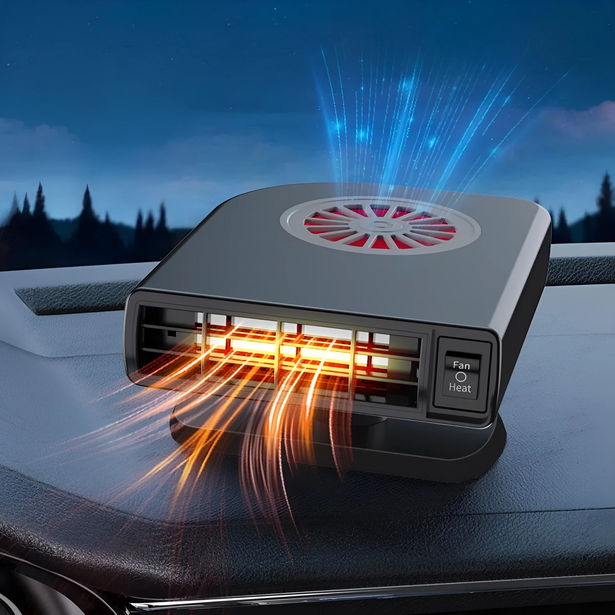 Black ABS vehicle-mounted heater measuring 11x6.5x14cm for 12V defrosting defogging and air purification