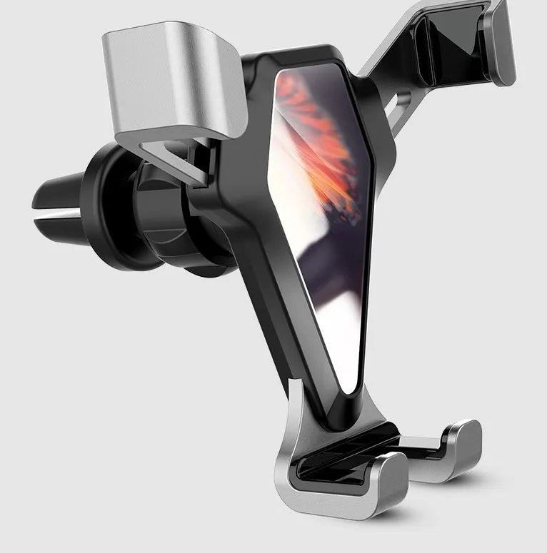 Universal car air vent phone mount in elegant black, holding a smartphone, with adjustable cradle for 66-84mm devices.