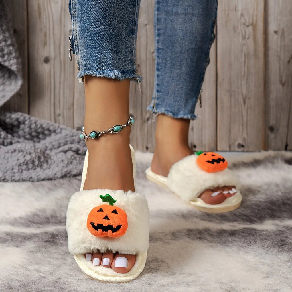 White and yellow pumpkin cartoon plush open toe slippers with synthetic fur upper and PVC sole