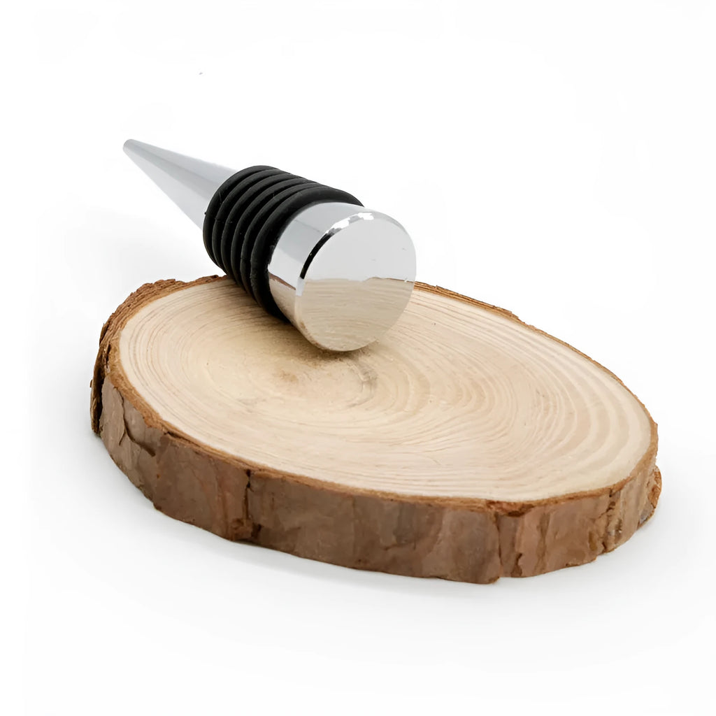 Silver zinc alloy threaded wine bottle stopper with silicone base, no-holes design