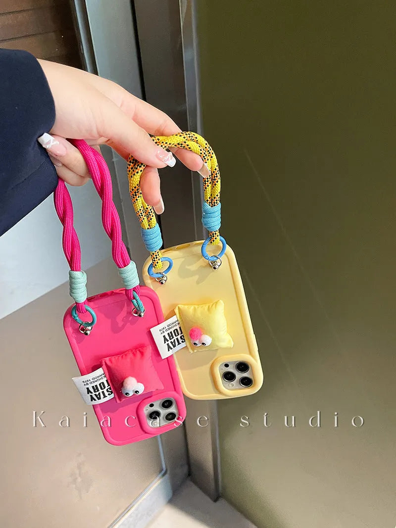 Lanyard phone case with bracket kickstand for iPhone in rose red colour, soft TPU material
