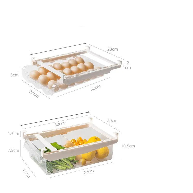 Transparent plastic adjustable fridge storage rack with stackable egg tray and fruit and vegetable compartments