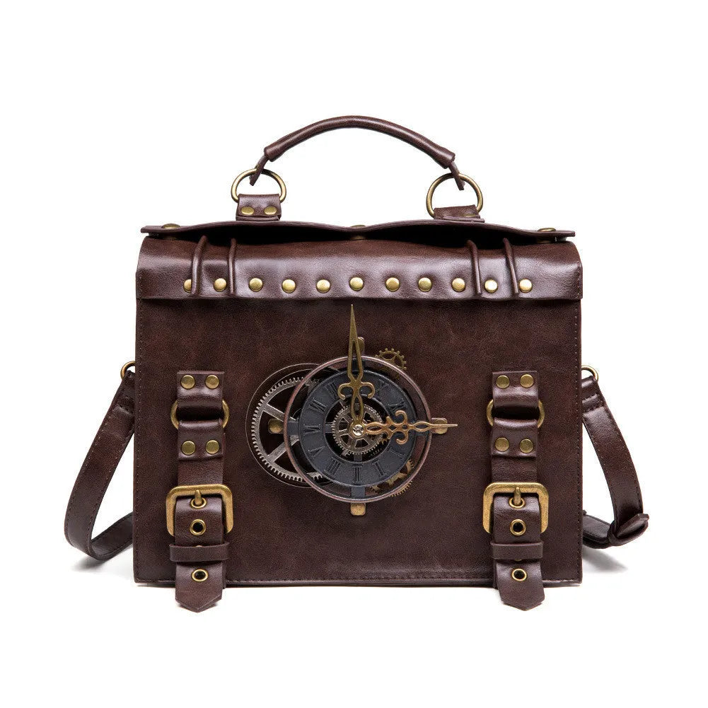 Bronze steampunk industrial retro shoulder bag with metal details and horizontal square pillow shape