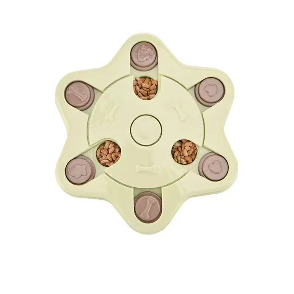 Dog puzzle feeder toy in PP material with non-slip base, available in footprint, round and hexagonal styles.