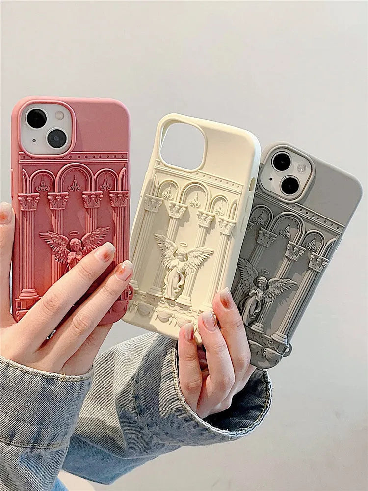 Creative Relief prayer angel drop-resistant silicone phone case in beige for iPhone