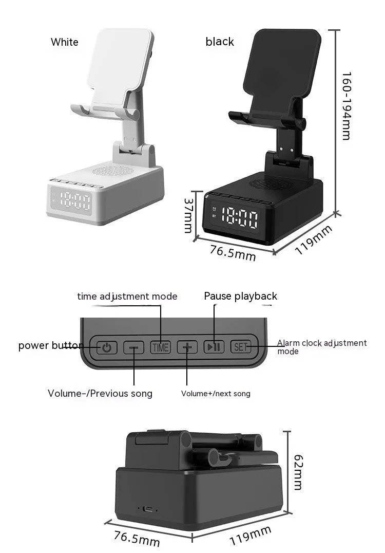 Multi-function desktop bracket with wireless charger and Bluetooth speaker in black