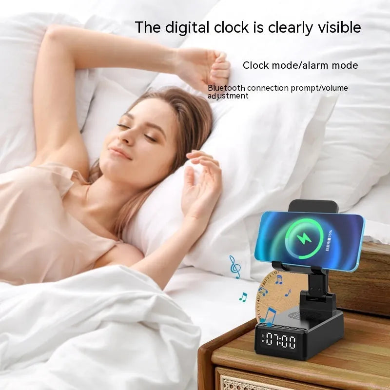 Multi-function desktop bracket with wireless charger and Bluetooth speaker in black