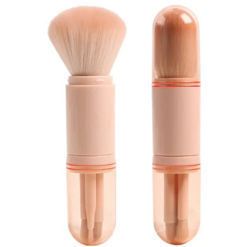 Single 4-in-1 retractable makeup brush set with four skin-colour bristle heads, 14cm total length, on a white background