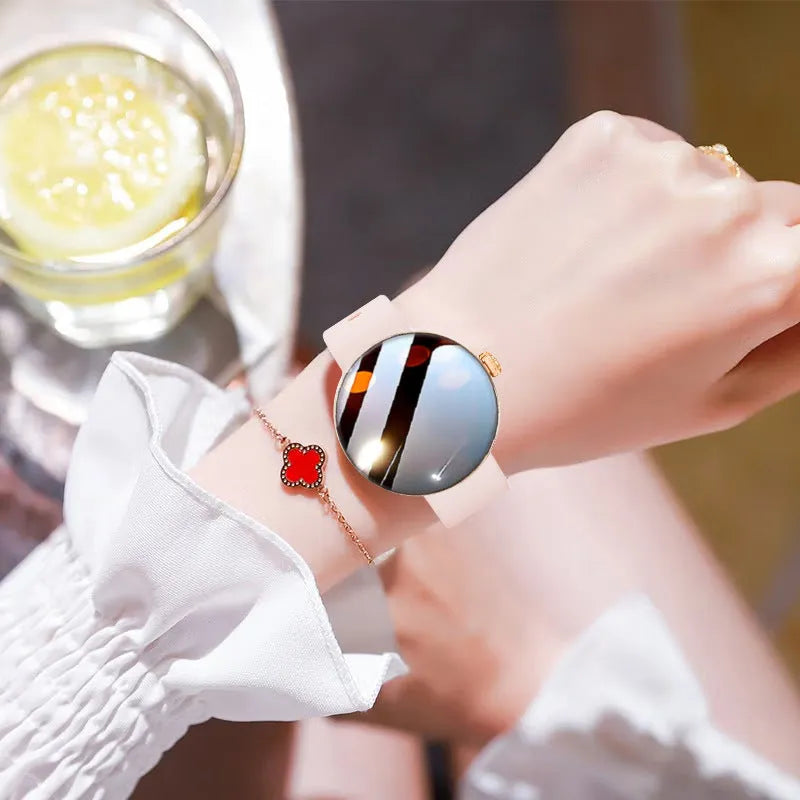 Smart watch with colour touch screen display and metal strap on wrist