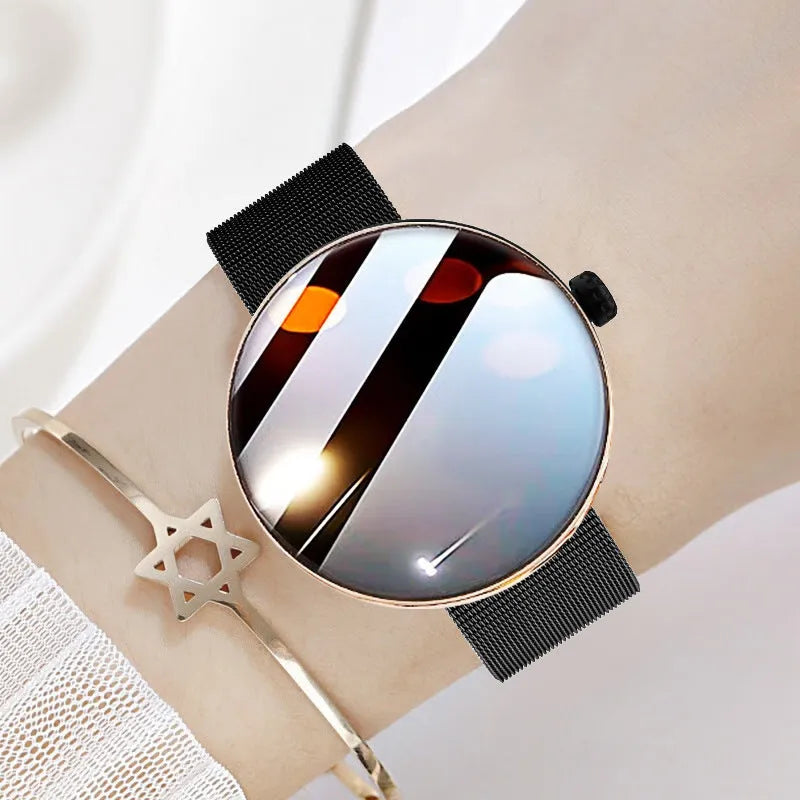 Smart watch with colour touch screen display and metal strap on wrist