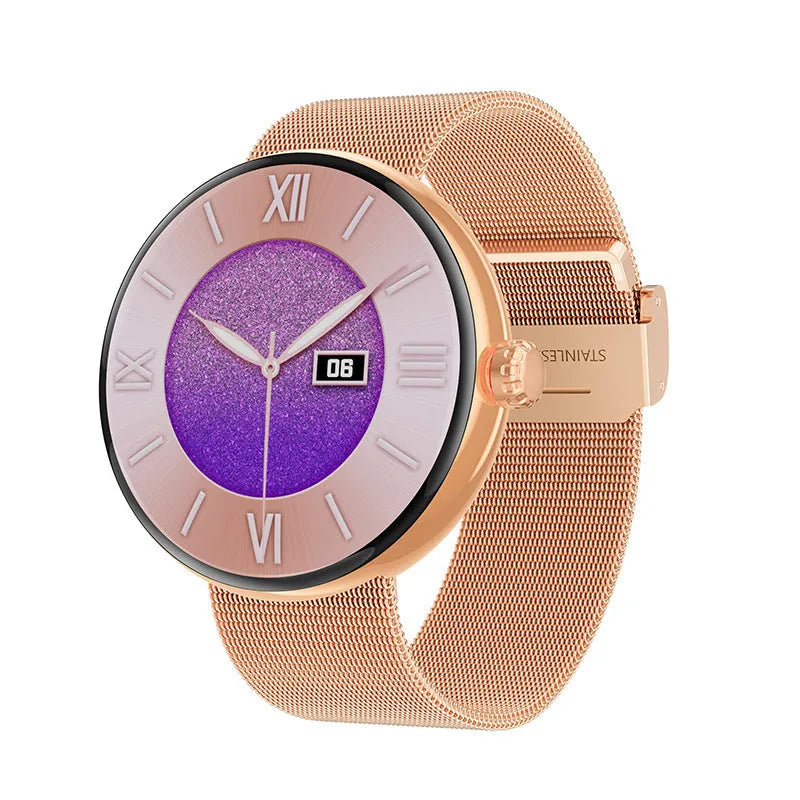 Smart watch with colour touch screen display and metal strap on wrist