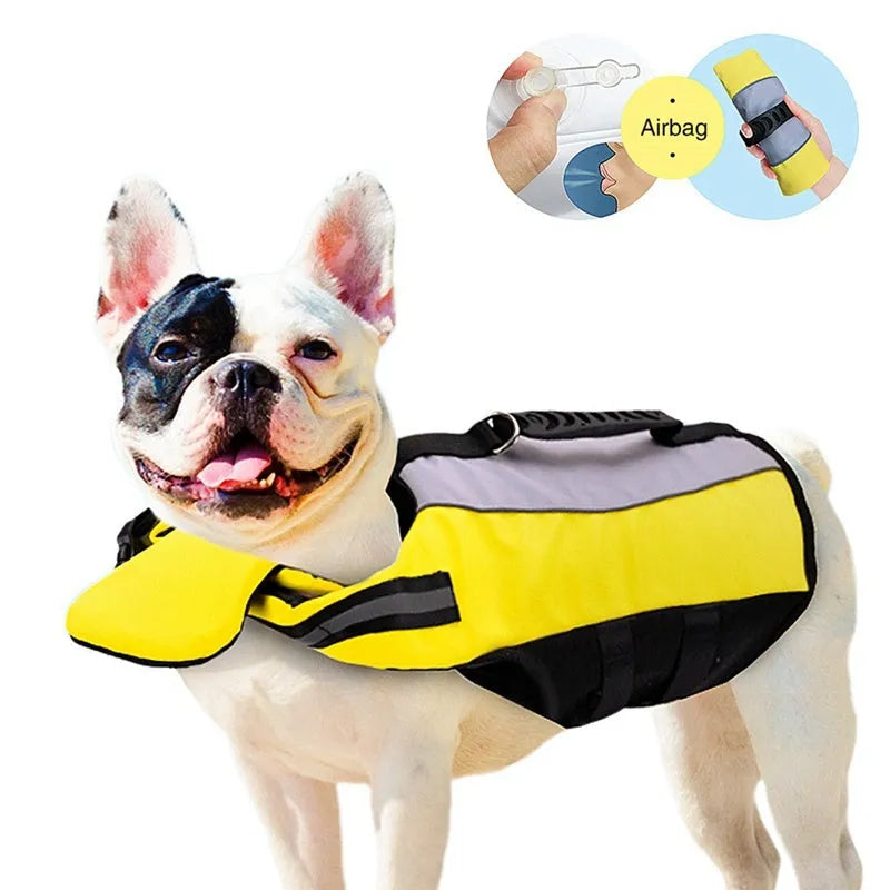 Namsan pet reflective airbag life jacket in fluorescent yellow, with air cushion and reflective strips, front view