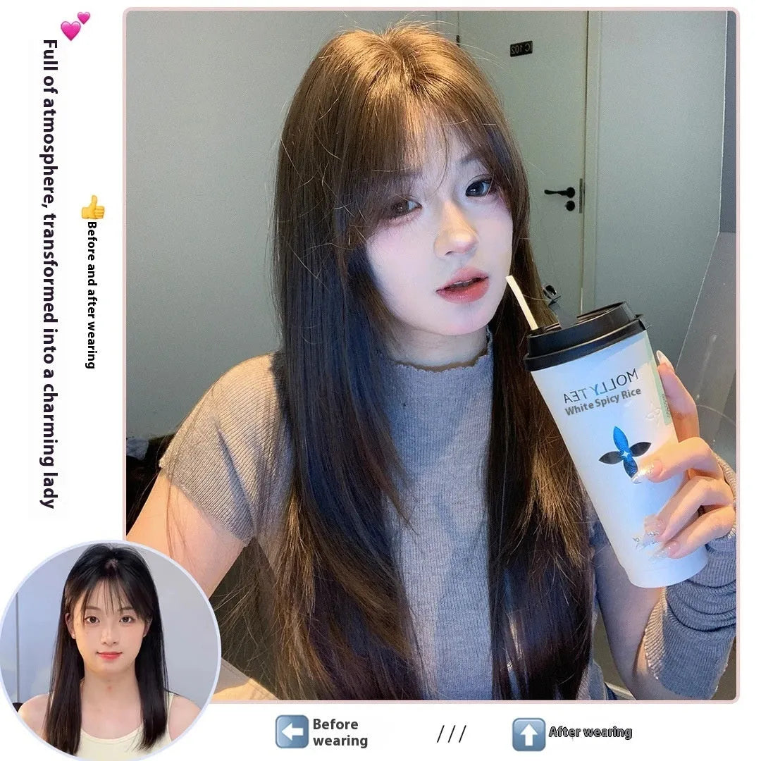Cold brown layered long straight full-head wig for women with lace front