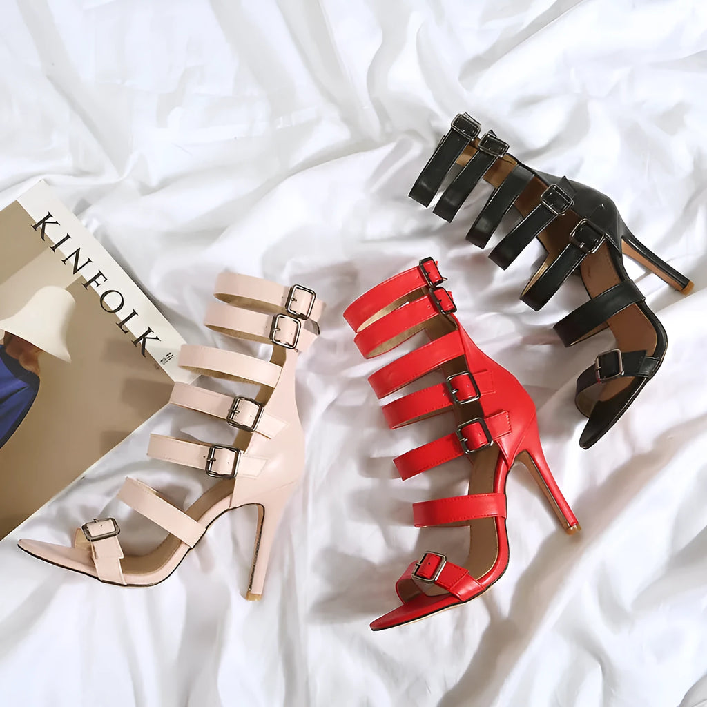 British high tube high heel sandals for women with belt buckle, Black colour