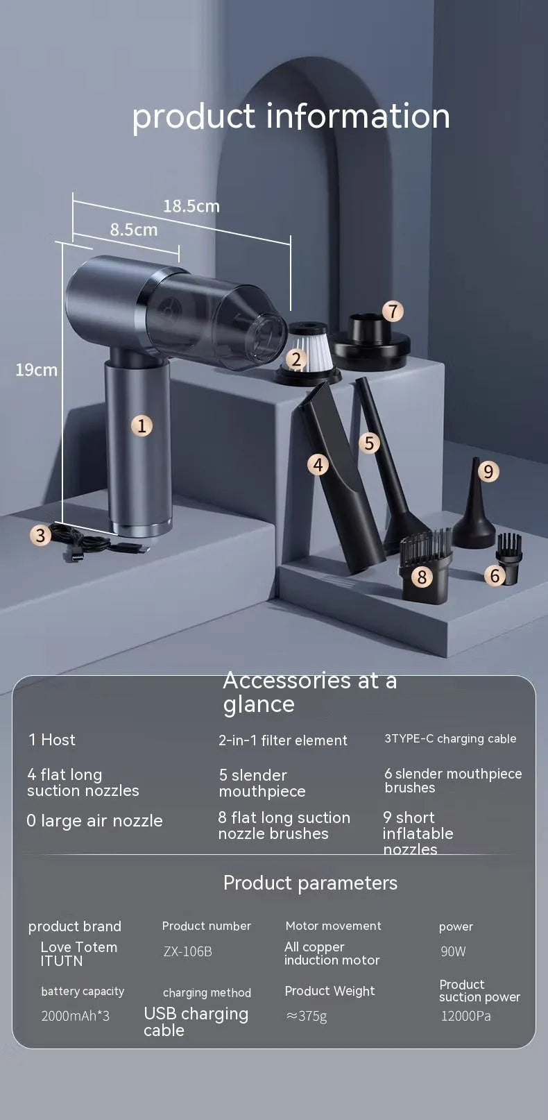 Space grey handheld wireless car vacuum cleaner with suction and inflation dual function