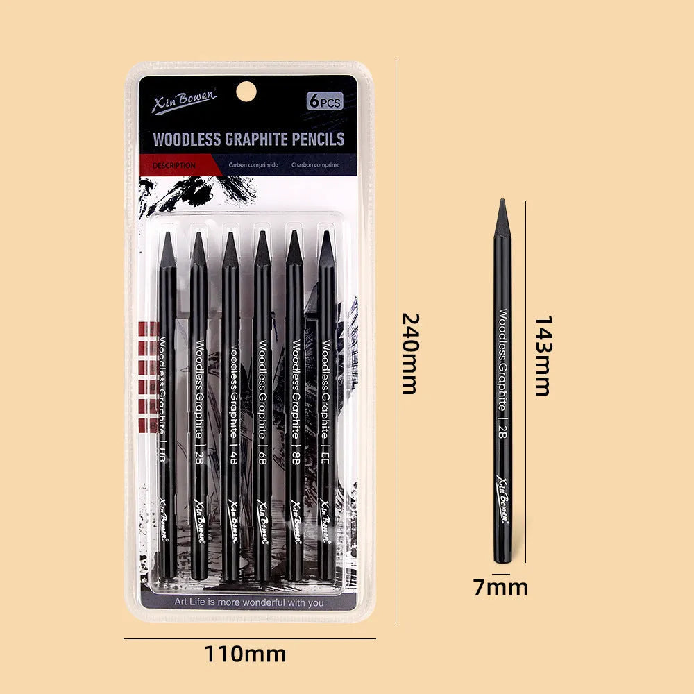 Wood-free graphite sketching pencils set showing six different hardness grades for art drawing