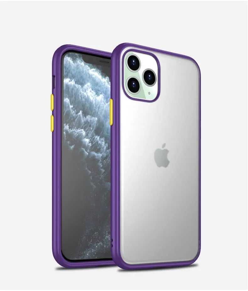 Frosted solid colour protective case for iPhone 11 series, showing black, green, purple, and red options.