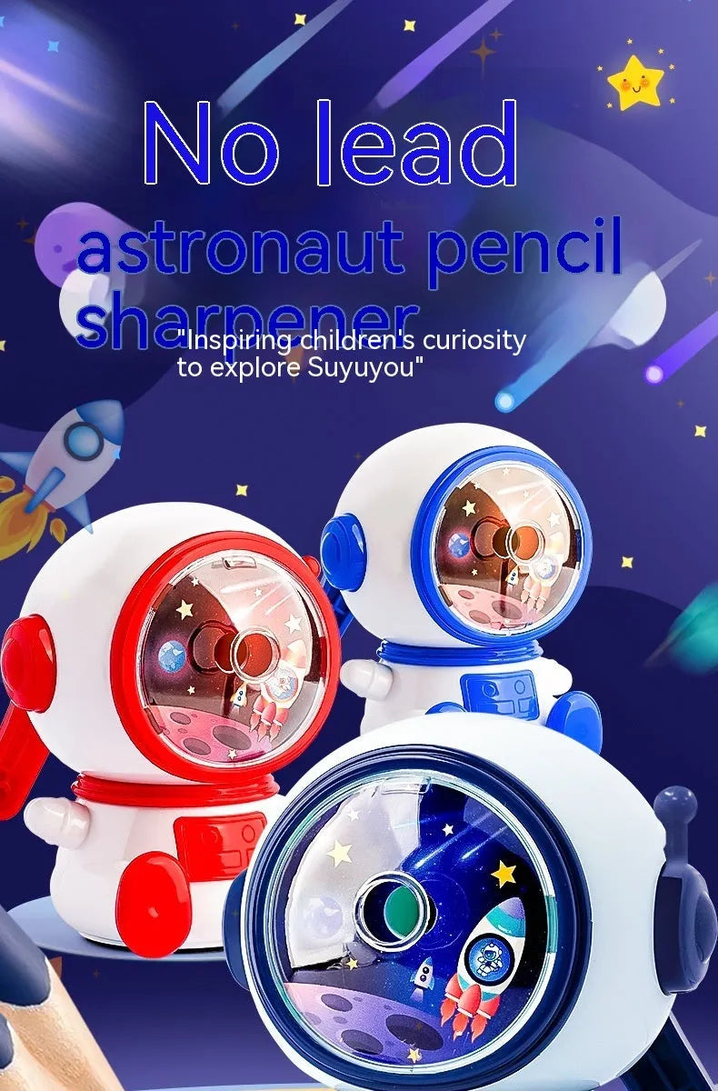 Blue astronaut themed manual pencil sharpener with anti-jam technology