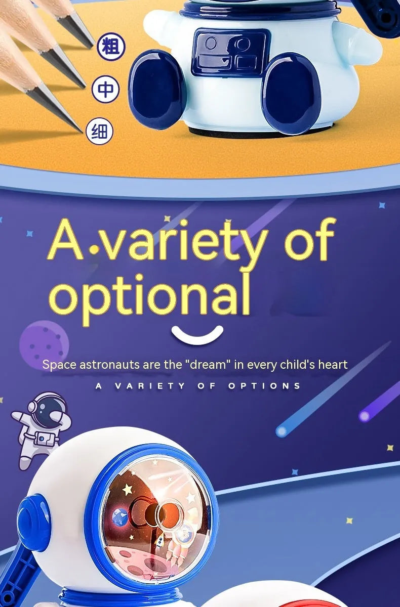 Blue astronaut themed manual pencil sharpener with anti-jam technology