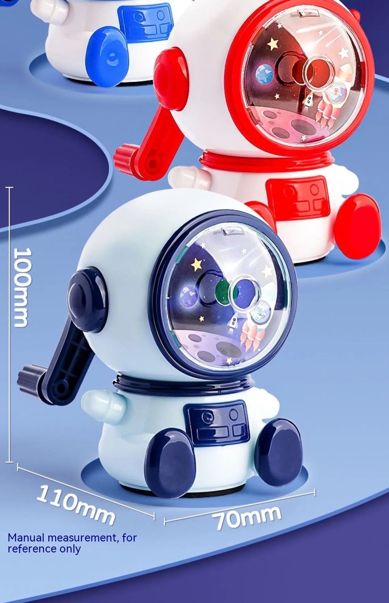 Blue astronaut themed manual pencil sharpener with anti-jam technology