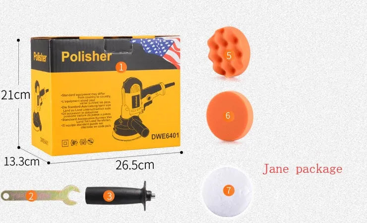 Yellow automotive polishing machine with 125mm disc for metal wood tile leather surfaces