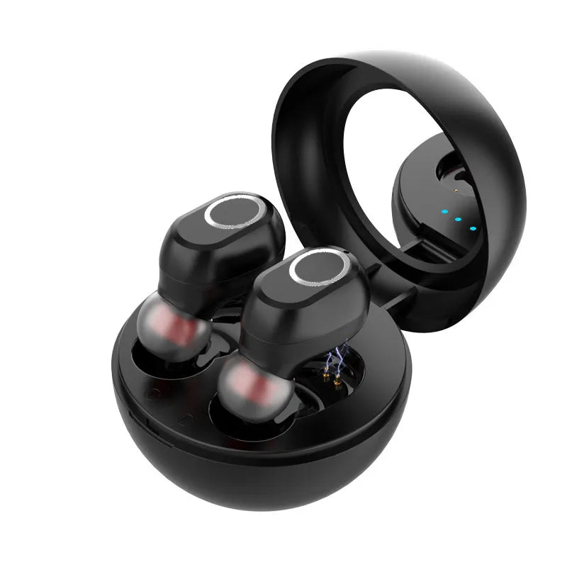 Mirror wireless headset in white or black with Bluetooth V5.0, 8mm speaker, and charging compartment.