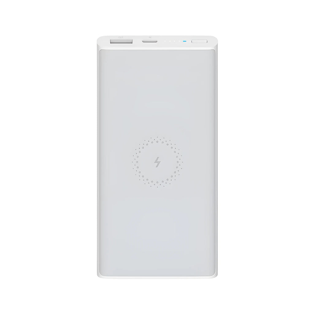 White and Black coloured 10000mAh portable power bank with wireless charging pad and USB ports.