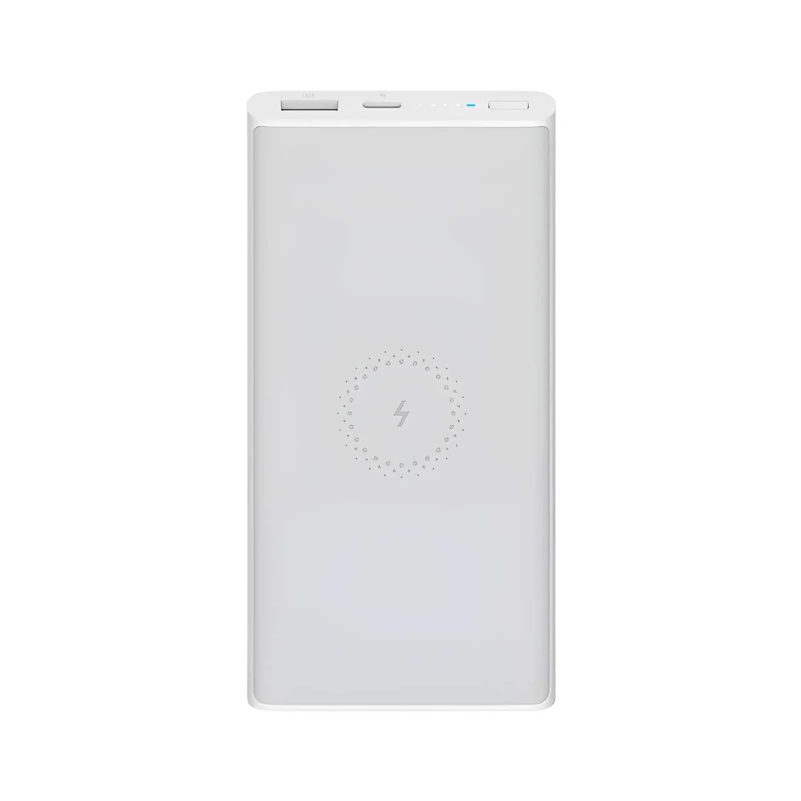 White and Black coloured 10000mAh portable power bank with wireless charging pad and USB ports.