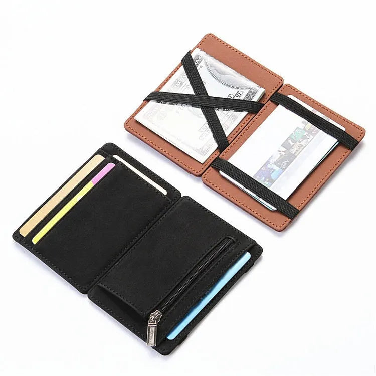 PU leather magic flip wallet in a solid colour with sewing lines, showing card holder and zippered coin purse.