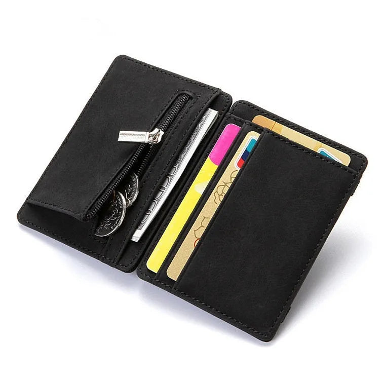 PU leather magic flip wallet in a solid colour with sewing lines, showing card holder and zippered coin purse.