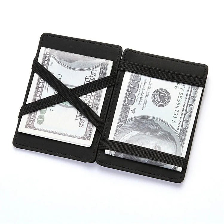 PU leather magic flip wallet in a solid colour with sewing lines, showing card holder and zippered coin purse.