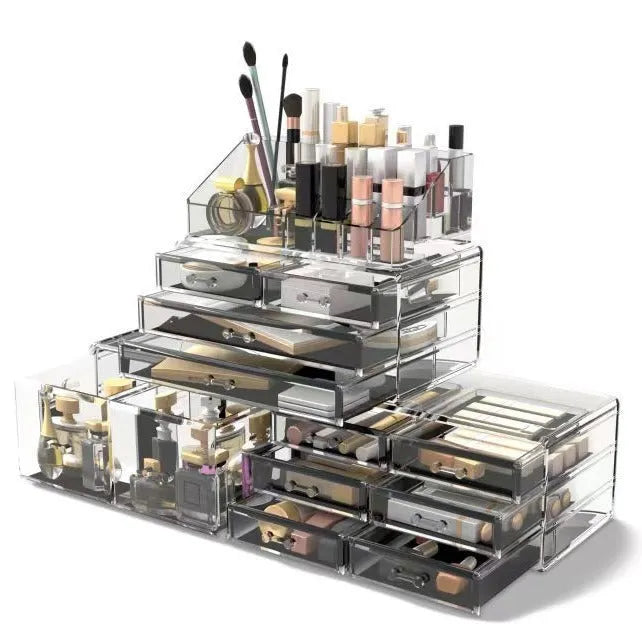 Three-layer acrylic cosmetics storage box in transparent colour showing stacked compartments