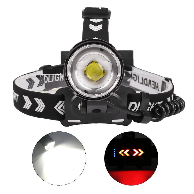 Black USB rechargeable telescopic zoom headlight torch with aluminium body