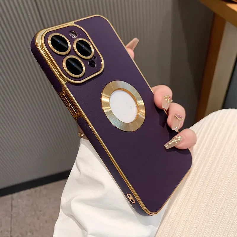Imitation leather hollow-out electroplated phone case for Apple iPhone in dark purple colour