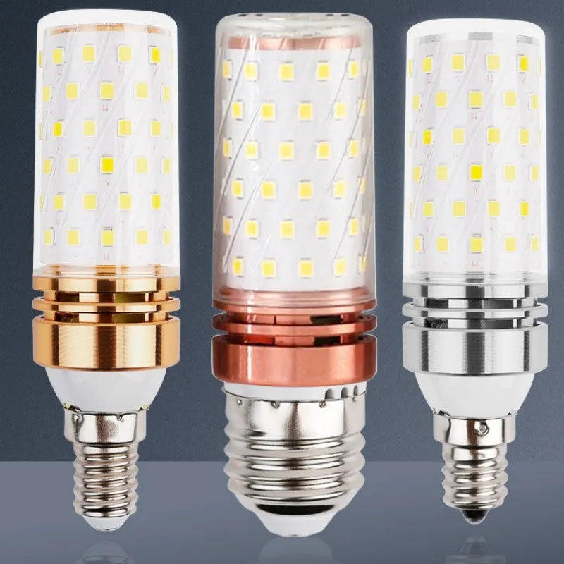 E14 screw base corn LED light bulb with visible LED beads and copper bracket inside.