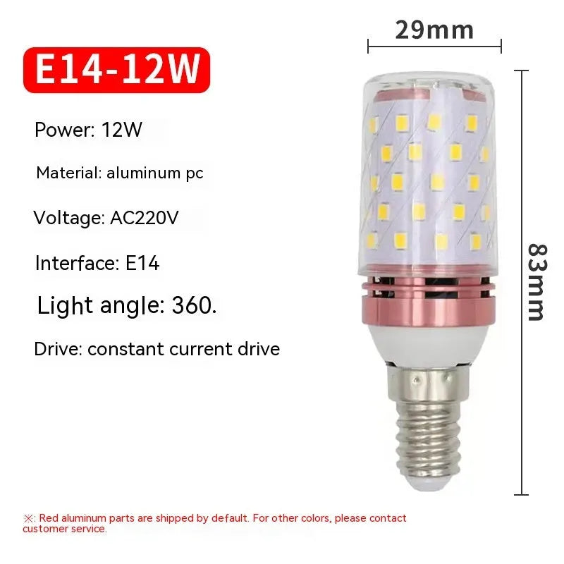 E14 screw base corn LED light bulb with visible LED beads and copper bracket inside.