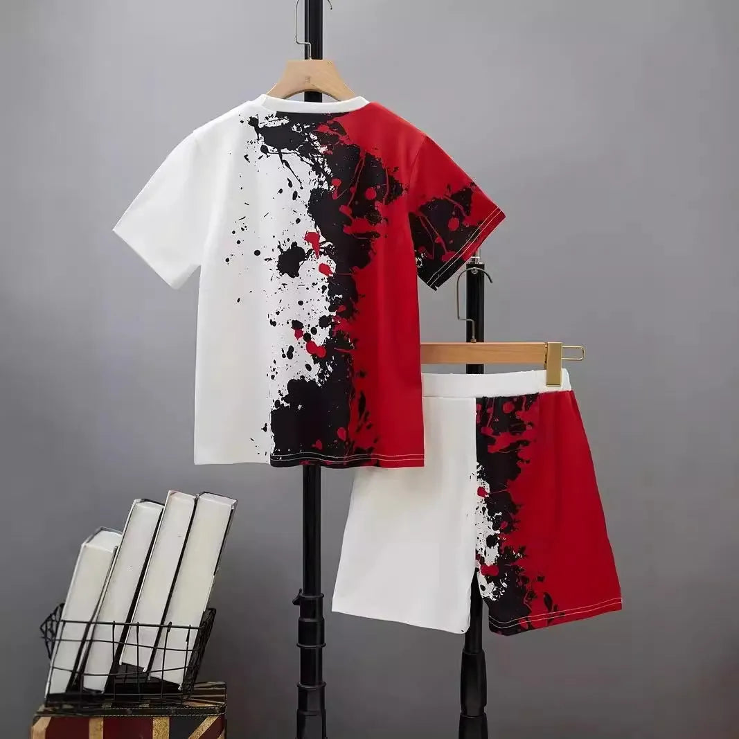 Boys' casual short sleeve t-shirt and shorts two-piece summer set with cartoon pattern in multiple colours
